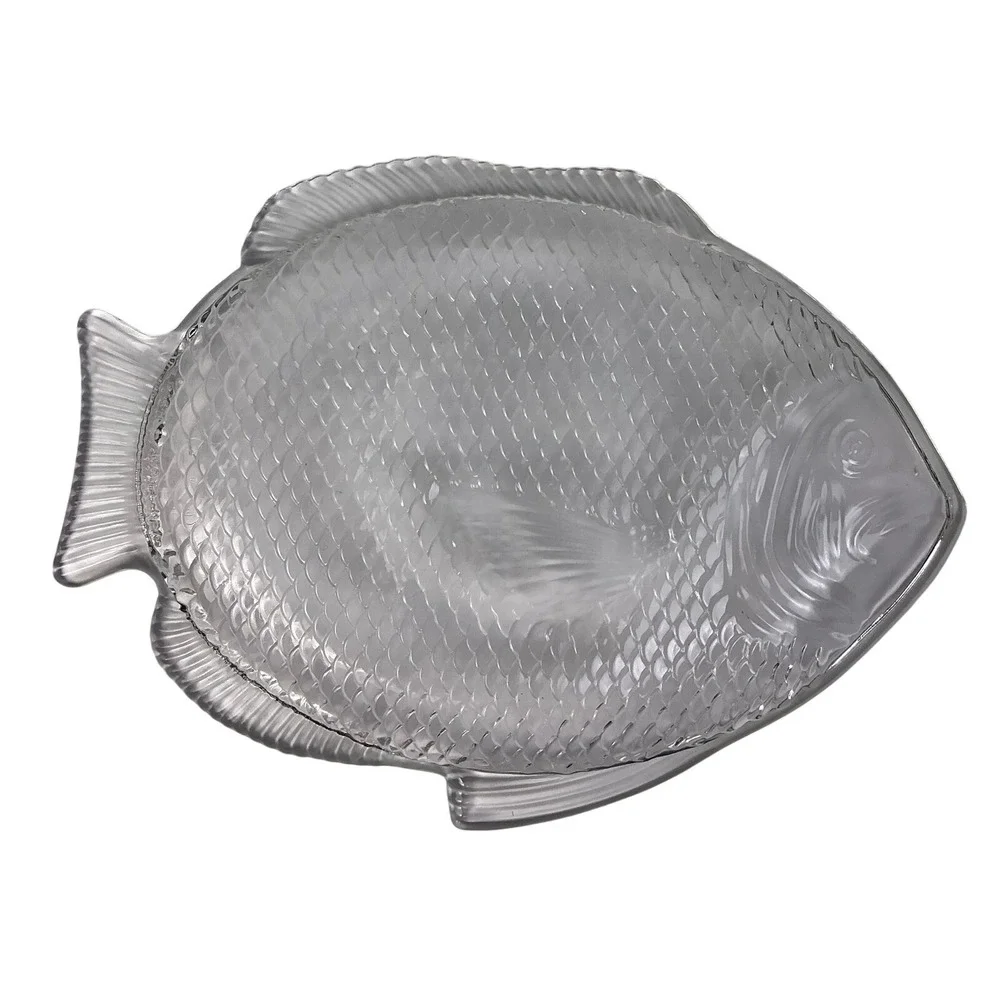 4 Arcoroc Clear Glass Detailed Fish Plates Textured Serving Dishes Seafood Decor